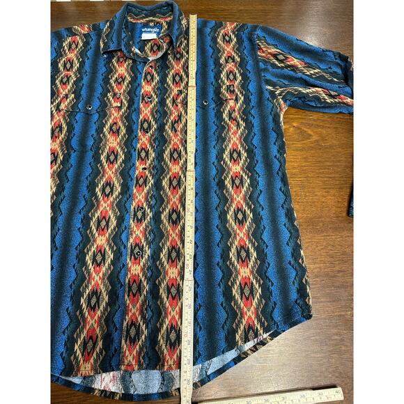 VTG Wrangler Pearl Snap Western Cowboy Shirt Long Sleeve Aztec Blue Mens Large - Picture 5 of 9